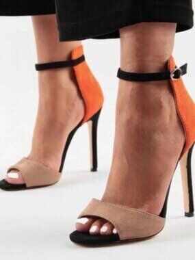 NEW Zara Colorblock Suede Ankle Strap Stiletto Heels Sandals Orange Black 37 6.5